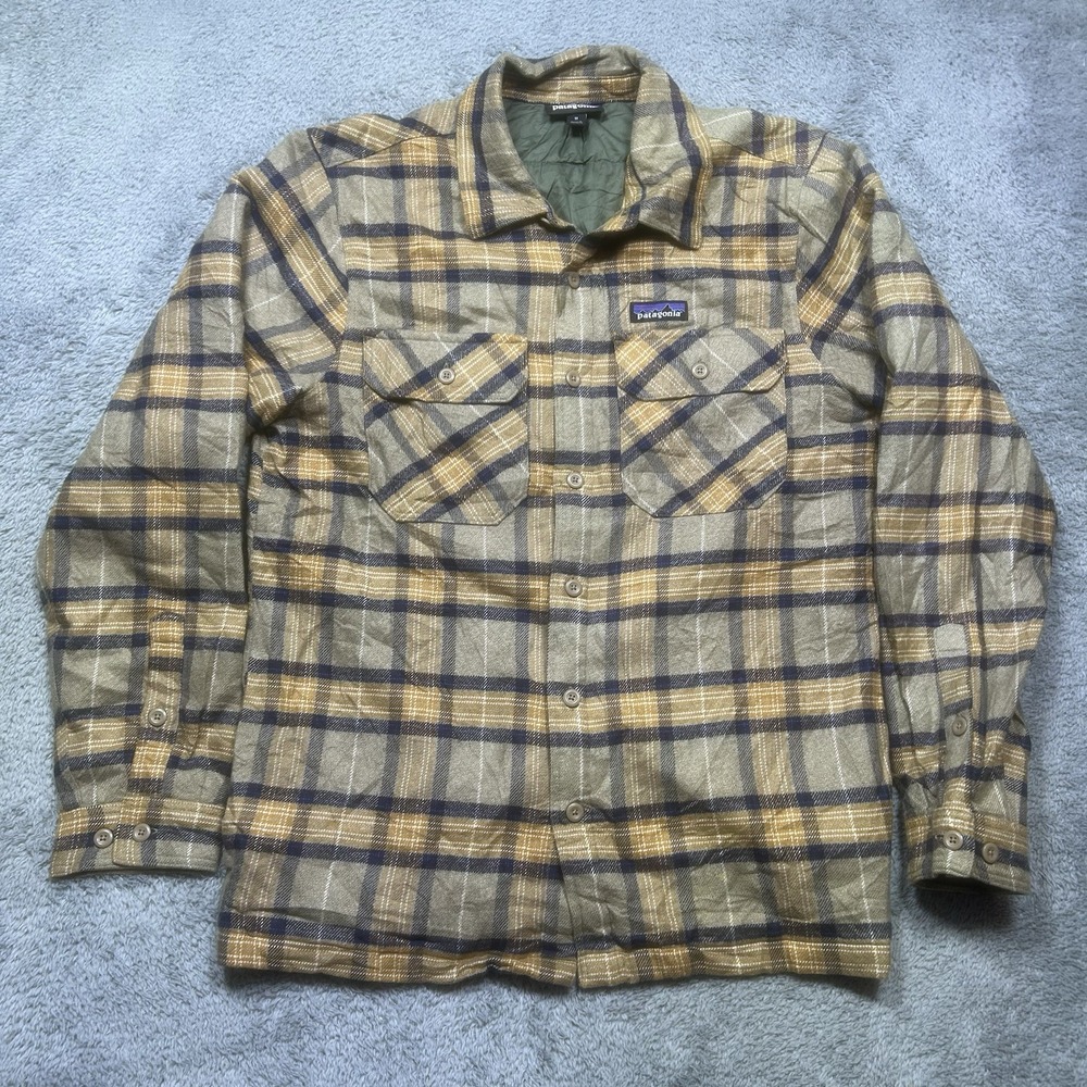 Patagonia Insulated Fjord Flannel Jacket Mens M‎ Tan Navy Pockets Button Outdoor